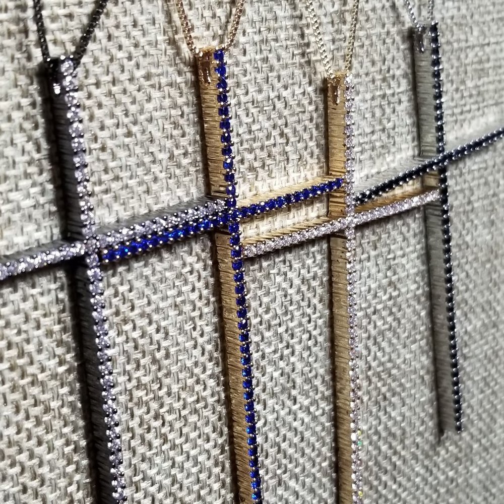 AAA Zircon & Copper Cross Necklace. Blue & Gold - Picture 7 of 8
